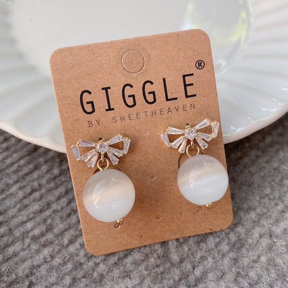 Ribbon cats eye crystal ball earrings| Dangling Ball studs| Cubic zirconia bow earrings| Wedding bridesmaid studs| Statement party studs