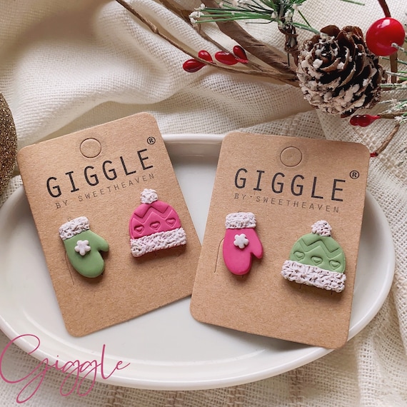 Winter Mittens & Hat Polymer Clay Stud Earrings | Christmas earrings | Gloves, Beanie, Pom Hat | Winter Fall Clay Studs | | Stocking Stuffer