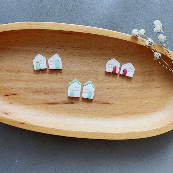 Nordic Minimalist White house Studs• Polymer Clay tiny house Studs•Custom Village House Earrings•Handmade Gift for realtor•Housewarming gift