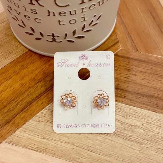 Dainty Rose gold flower Studs | Crystal cubic floral earrings | Rose diamond Stud| Tiny hollow petals mini stud | Minimalist gifts for her