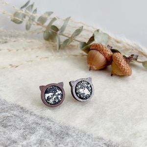 Katze Polymer Clay Ohrstecker | Runde Rose Gold Map Mini Ohrstecker|Silber Goldfolie Ohrringe | Personalisierte Katzengeschenke für sie