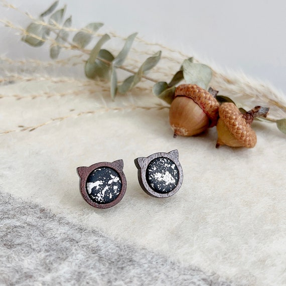 Cat Polymer Clay Stud earrings|Wooden Cat studs | Round Rose Gold Map mini studs|Silver gold foil earrings | Personalized cat gifts for her