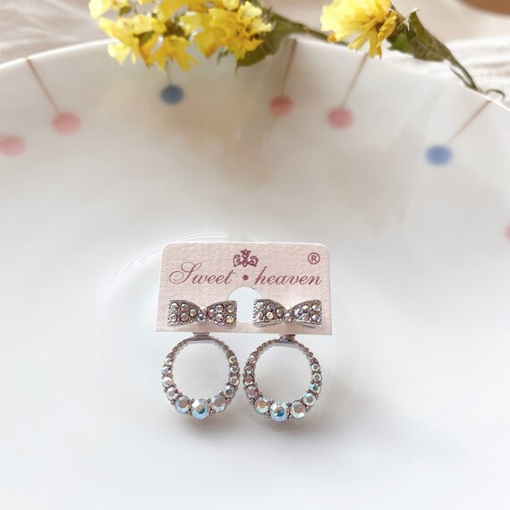 2 way ribbon circle back drop earrings| Dainty rainbow crystals bow stud| Wedding Bridal Jewelry| 925 silver post | elegant gift for her