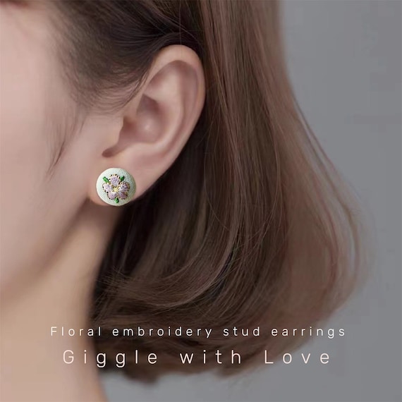 Embroidery stud earring| Handmade embroidered gift| Spring embroidery gift|Small rose embroidery studs|gift for girlfriend|mother day gift