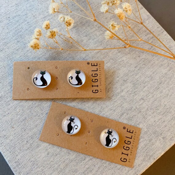 Cat studs, black cat earrings, Cat lover gift, Cat studs, 10mm round studs,hypoallergenic stainless steel clip ons, Christmas gifts for her
