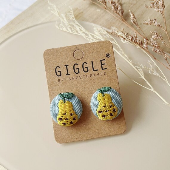 Embroidery stud earring| Handmade embroidered gift| Fruit earrings gift|Small pear embroidery studs|gift for girlfriend|mother day gift