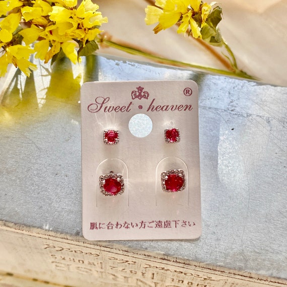Red square glass crystal earrings| Christmas stud pack sets| Wedding Bridal stud| 14K white gold plated silver post| gift for her