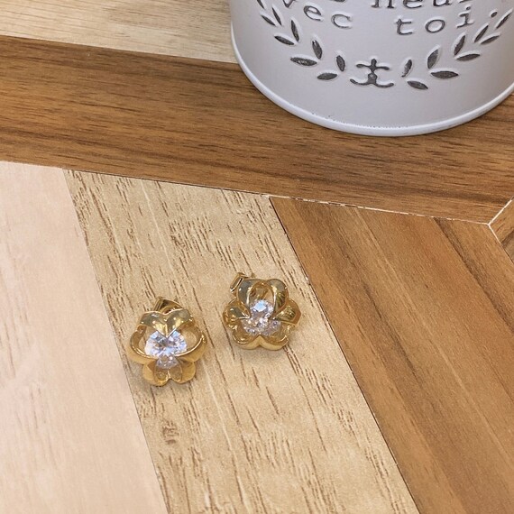 Vintage Flower Earrings, Cubic Zirconia Earrings, handmade Jewelry, 14K Gold Plating, hypoallergenic Pin, Korea crystal,gift for her