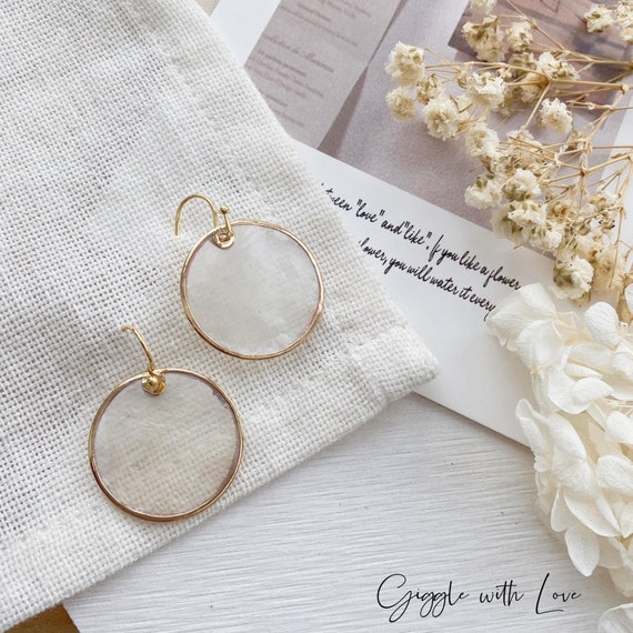 Handmade Natural seashell earring| Gold Shell earring gift|Dangle Circle gold leaf Earrings|Framed shell Drop Earring| Bridesmaid Gift