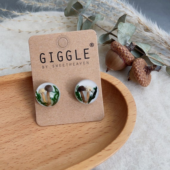 Real mushroom stud earrings,Resin mushroom jewelry ,Resin Dried Flowers Jewelry, Natural dried mushroom jewelry, moss forest nature earrings