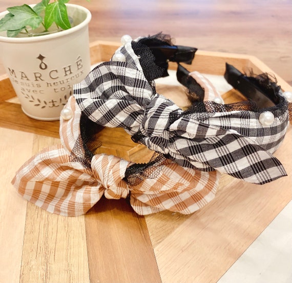 Checker Pattern headband | Black and Beige Ribbon headband | Bow and pearl headband | Handmade hairband | Hairband for wig | Head wrap lady