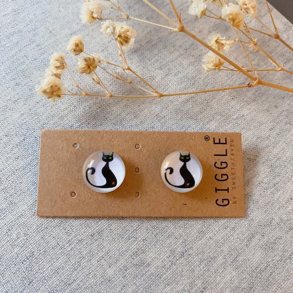 Cat studs, black cat earrings, Cat lover gift, Cat studs, 10mm round studs,hypoallergenic stainless steel clip ons, Christmas gifts for her
