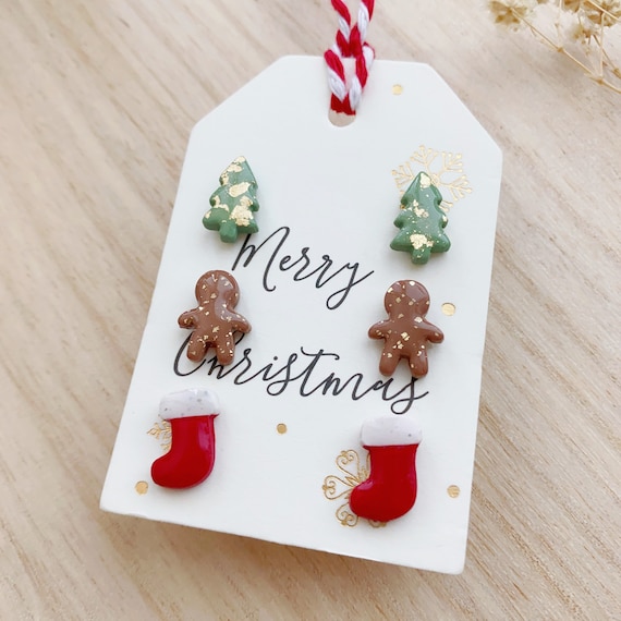 Handmade Xmas Earring •Tiny Christmas stud pack •Polymer Clay Stocking Stud • Gold tree • Gingerbread Stud •Xmas Gift • Silver post •Clip on