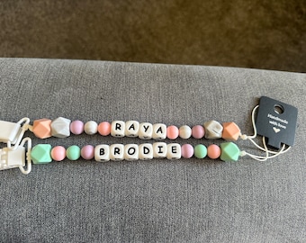 Personalised Dummy Clips. Food Grade Silicone Beads. Choose the Name, Choose the colour.