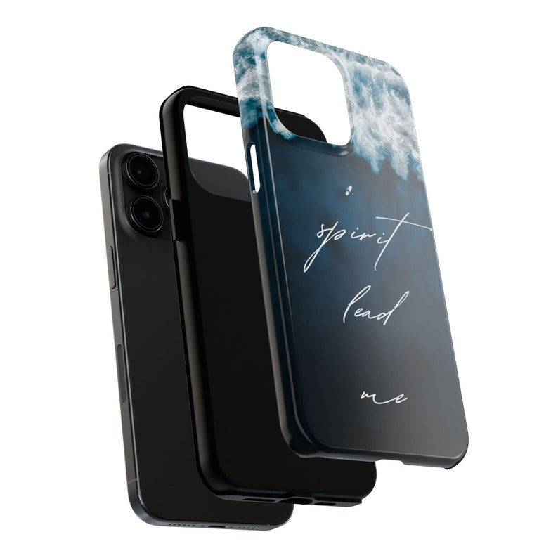 May include: A black phone case with a blue and white watercolor design. The case has the text "spirit lead me" written in white on the back.