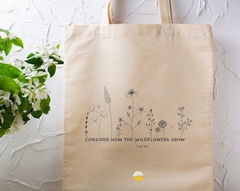 Wildflower Bible Verse Canvas Tote Bag | Christian Reusable Eco Bag