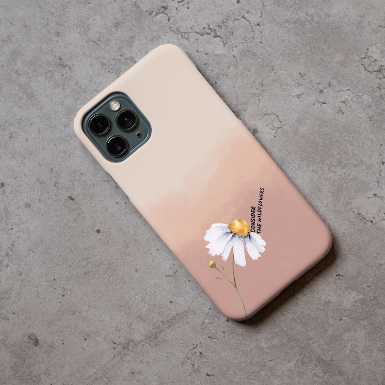 Consider How the Wildflowers Grow Bible Verse Luke 12:27 iPhone Case with hand lettered text, hand drawn wildflower and a beige canvas painting textured background