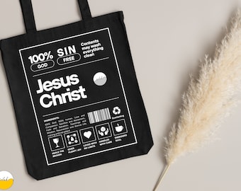 Jesus Christ Creative Canvas Tote Bag | Christian Tote Bag | Jesus is King Ingredients List Label Bible Verse Canvas Bag