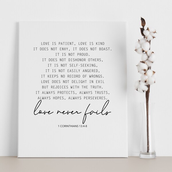 Love Never Fails Framed Canvas Wall Art, Christian Wedding Wall Decor, Love is Patient, Love is Kind, 1 Corinthians 13 Bible Verse Art