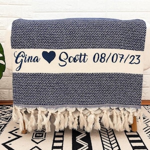Cotton Anniversary Gift, Personalized 2nd Anniversary Gift, Custom Wedding Blanket, Mom Blanket Navy Blue