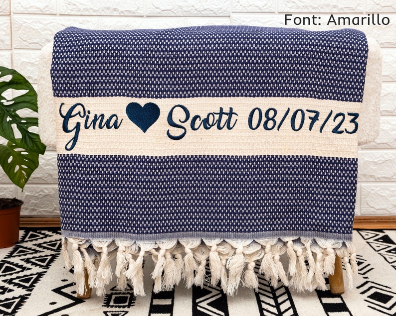 Couverture personnalisée pour adultes en gros, jeté personnalisé monogramme, couverture cadeau pour couples, cadeaux de mariage, cadeau d'anniversaire en coton Navy Blue