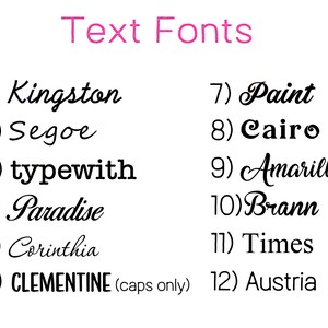 Puede incluir: Un fondo blanco muestra una lista de 12 fuentes de texto. El t&iacute;tulo "Text Fonts" es de color rosa. Los nombres de las fuentes est&aacute;n numerados e incluyen Kingston, Segoe, typewith, Paradise, Corinthia, CLEMENTINE, Paint, Cairo, Amarillo, Brann, Times y Austria.
