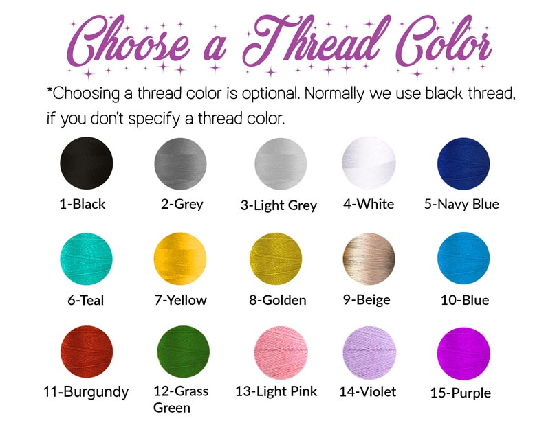 Puede incluir: Un gr&aacute;fico que muestra 15 colores de hilo diferentes para bordar. Los colores est&aacute;n dispuestos en filas de cinco. Los colores son: negro, gris, gris claro, blanco, azul marino, verde azulado, amarillo, dorado, beige, azul, burdeos, verde hierba, rosa claro, violeta y morado.