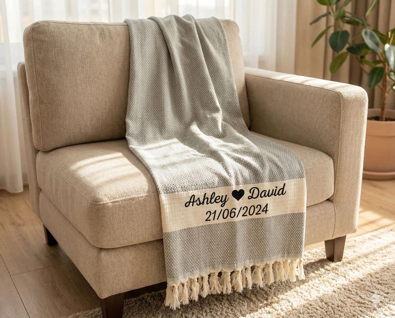 Cotton Anniversary Gift, Personalized 2nd Anniversary Gift, Custom Wedding Blanket, Mom Blanket Light Gray