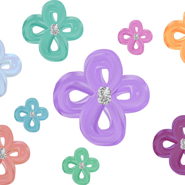 Lustrous Iridescent Hand Drawn Flower Clover Diamond PNG Clip Art - HIGH DETAIL