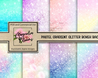 May include: Eight digital paper designs featuring a pastel gradient glitter bokeh background. The designs are perfect for scrapbooking, card making, and other crafting projects.
