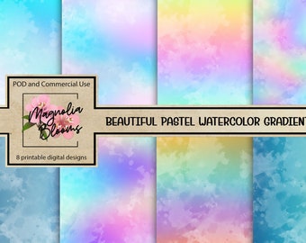 May include: A set of eight digital paper designs featuring pastel watercolor gradients in shades of blue, pink, yellow, and green. The designs are perfect for scrapbooking, card making, and other craft projects.