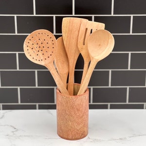 5 piece cooking set, mango wood kitchen utensils. Includes Wooden holder. Clearance Priced.