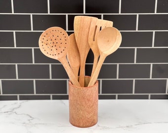 5 piece cooking set, Tonna wood kitchen utensils. Includes Wooden holder