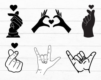 Puede incluir: Seis gestos de manos en blanco y negro, incluyendo una forma de corazón, un signo de paz y una promesa meñique. Los gestos de manos están aislados sobre un fondo blanco.
