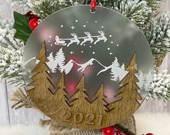 Personalized Basswood and Clear Acrylic Christmas Ornament, Santa Sleigh Ornament, Snow Capped Mountain