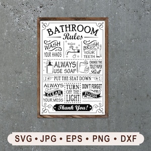 Puede incluir: Un cartel de reglas de baño en blanco y negro con un marco de madera. El cartel tiene una fuente de estilo vintage e incluye reglas como lavarse las manos, cepillarse los dientes, usar siempre jabón, bajar la tapa del inodoro, siempre apagar la luz, no olvides tirar de la cadena y gracias.