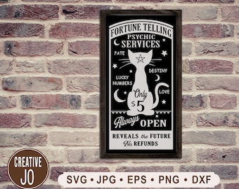 Signe de services de voyante de diseuse de bonne aventure SVG, SVG d&#39;Halloween vintage, fichier imprimable chat noir, signe de diseuse de bonne aventure, Cricut, téléchargement numérique