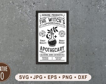 May include: Black and white framed sign with the text "THE WITCH'S SPOOKEASY" and "APOTHECARY". The sign features a potion bottle with a plant, a moon, and stars. The sign also includes the text "ELIXIRS AND EXTRACTS".