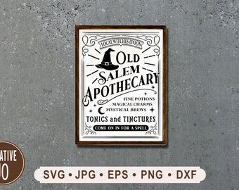 Può includere: Un cartello in bianco e nero con un cappello da strega e il testo "Old Salem Apothecary" con le parole "Fine Potions, Magical Charms, Mystical Brews, Tonics and Tinctures" e "Come on in for a spell".