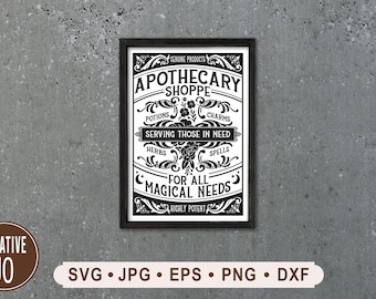 May include: Black and white framed print with the text "APOTHECARY SHOPPE" and other related words. The print includes the phrases "Serving Those in Need" and "For All Magical Needs". The print is on a gray textured wall.