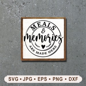 Puede incluir: Un letrero blanco con un marco de madera marrón. El letrero tiene un círculo negro con el texto "Meals & memories are made here" en su interior. Hay dos pequeños corazones en el centro del círculo.