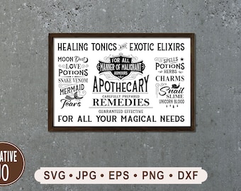 May include: A black and white sign with the text "Healing Tonics and Exotic Elixirs" and a list of ingredients for potions, spells, and charms. The sign also says "Apothecary Carefully Prepared Remedies Guaranteed Effective For All Your Magical Needs".