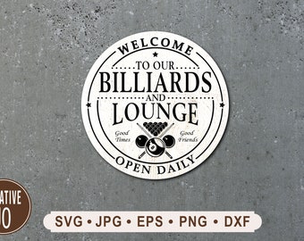 Billiards and Lounge Sign SVG, Gamer Room Decor (Digital Download)