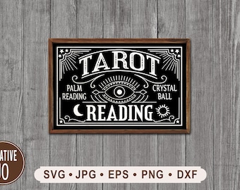 Svg de signe de lecture de tarot, svg Halloween vintage, fichier imprimable de lecture de tarot, signe de lecture de paume, signe de boule de cristal, Cricut, téléchargement numérique