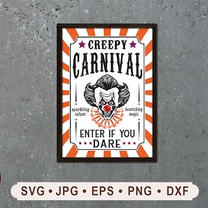 Creepy Carnival Sign SVG, Vintage Halloween SVG, Ingrese si se atreve a firmar, Gráficos de payaso de Halloween, Archivo imprimible, Cricut, Digital