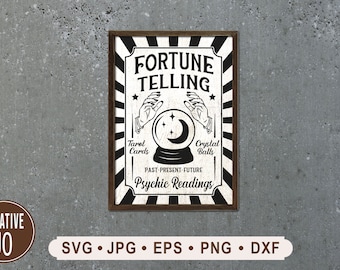 Svg signe révélateur de bonne aventure, SVG Halloween vintage, fichier imprimable Halloween, signe de lecture psychique, boules de cristal de cartes de tarot, Cricut, numérique