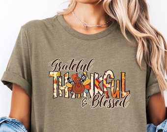 Thankful Grateful Blessed Turkey Shirt - Thanksgiving Fall Vibes, Thanksgiving T-Shirt, Fall Turkey Shirt, Thanksgiving Family Shirts