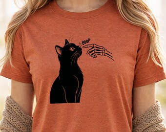 T-shirt chat Halloween squelette main qui fait un bisou - T-shirt chat mignon et effrayant - Cadeau pour amoureux des chats - Cadeau pour maman chat - T-shirt chat drôle