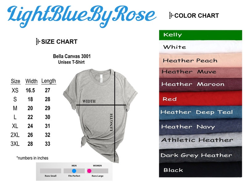 May include: Size chart for Bella Canvas 3001 unisex t-shirts. The chart shows width and length measurements in inches for sizes XS to 3XL. A gray t-shirt is shown with the width and length measurements marked. A color chart shows the available colors: Kelly, White, Heather Peach, Heather Muve, Heather Maroon, Red, Heather Deep Teal, Heather Navy, Athletic Heather, Dark Grey Heather, and Black.