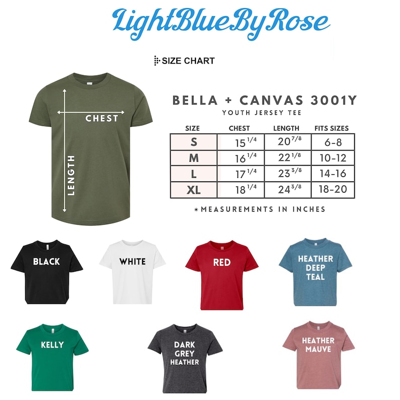 Pode incluir: Tabela de tamanhos para a camiseta de jersey para jovens Bella + Canvas 3001Y. A tabela mostra as medidas de peito e comprimento em polegadas para os tamanhos S, M, L e XL. A tabela tamb&eacute;m mostra a faixa et&aacute;ria correspondente para cada tamanho. A imagem mostra uma variedade de cores para a camiseta, incluindo preto, branco, vermelho, verde kelly, cinza escuro mesclado, azul escuro mesclado e malva mesclado.